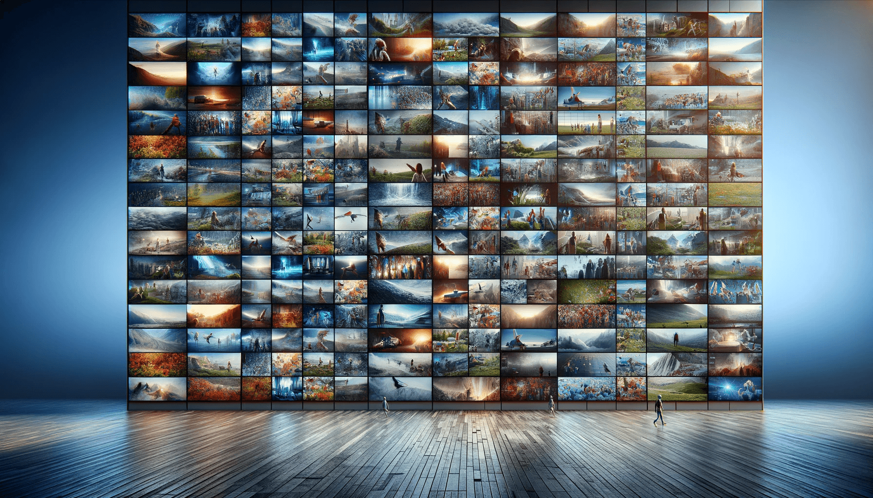 Mur d'écrans affichant divers paysages.