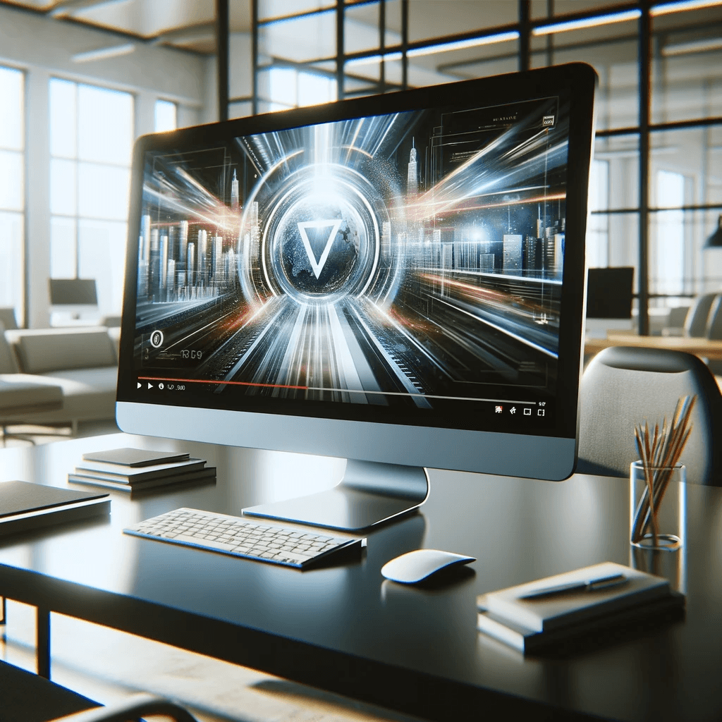 Ordinateur avec écran futuriste au bureau.