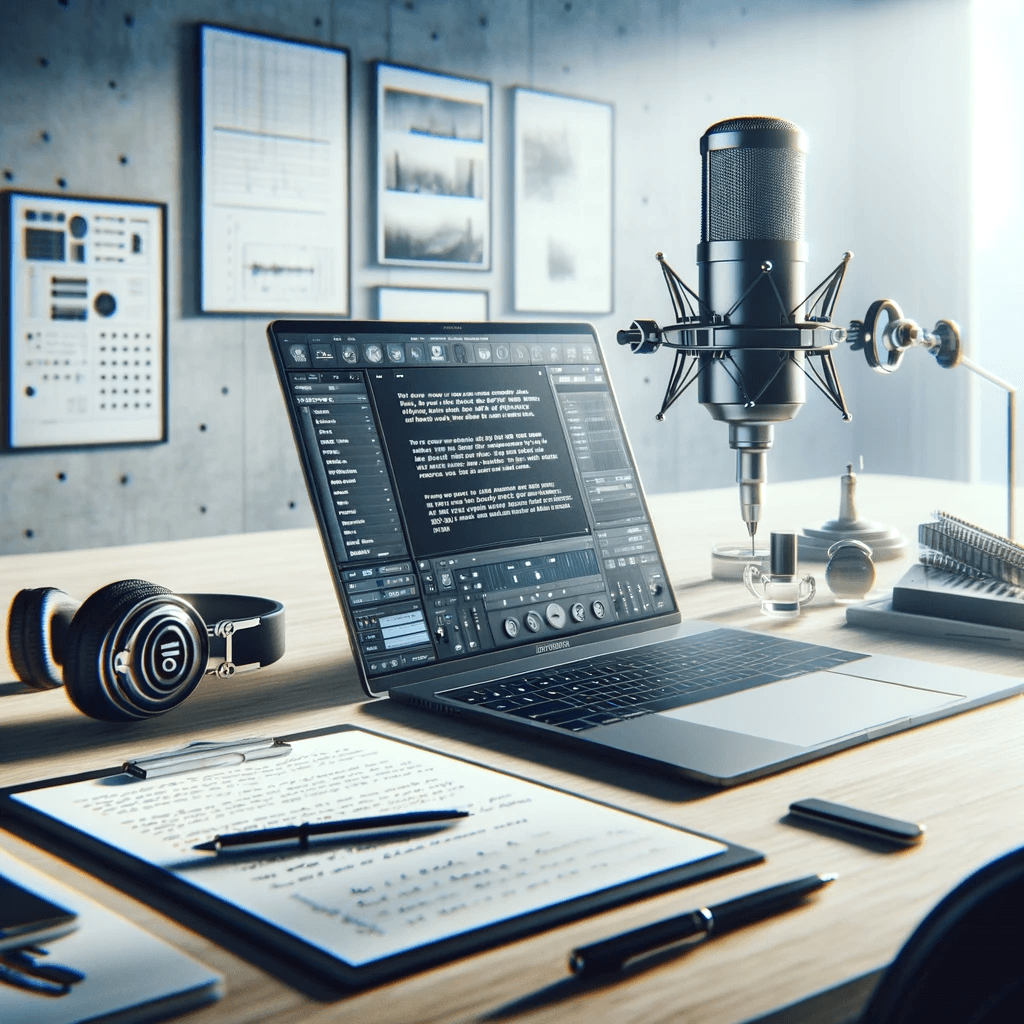 Studio d'enregistrement moderne avec microphone et ordinateur.