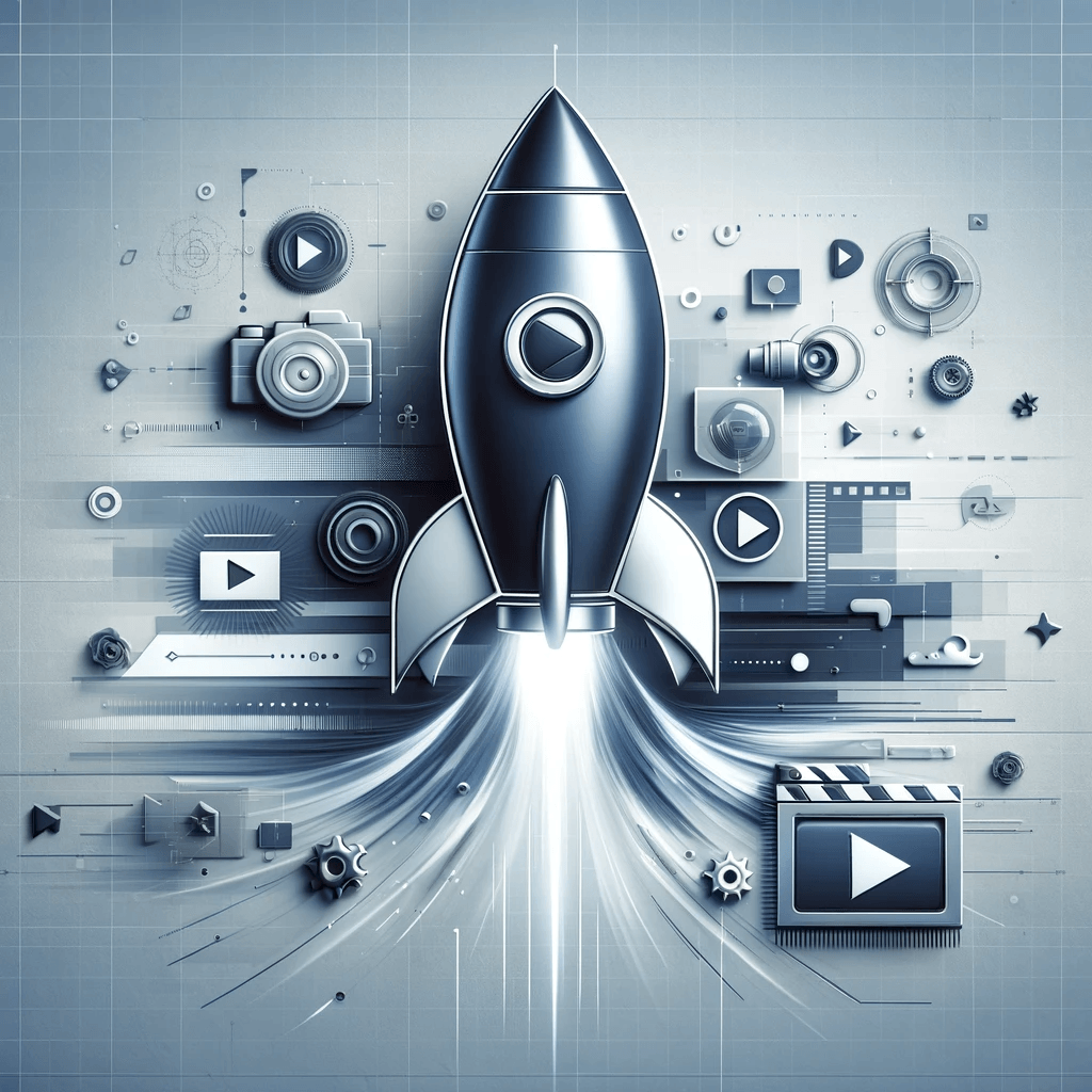 Fusée et icônes multimédias en 3D.