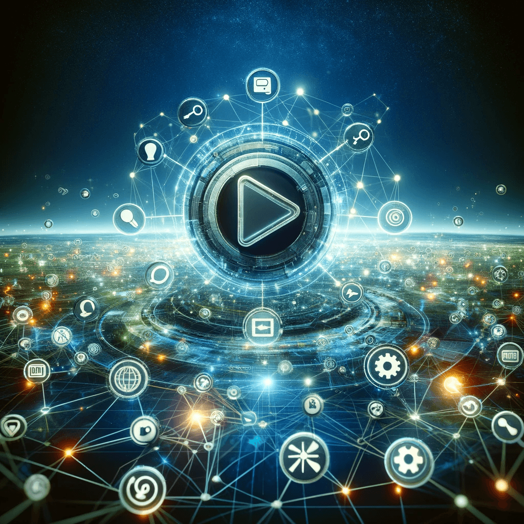 Réseau numérique futuriste avec icône de lecture.