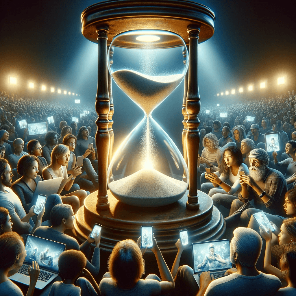 Sablier géant devant foule éclairée par projecteurs.
